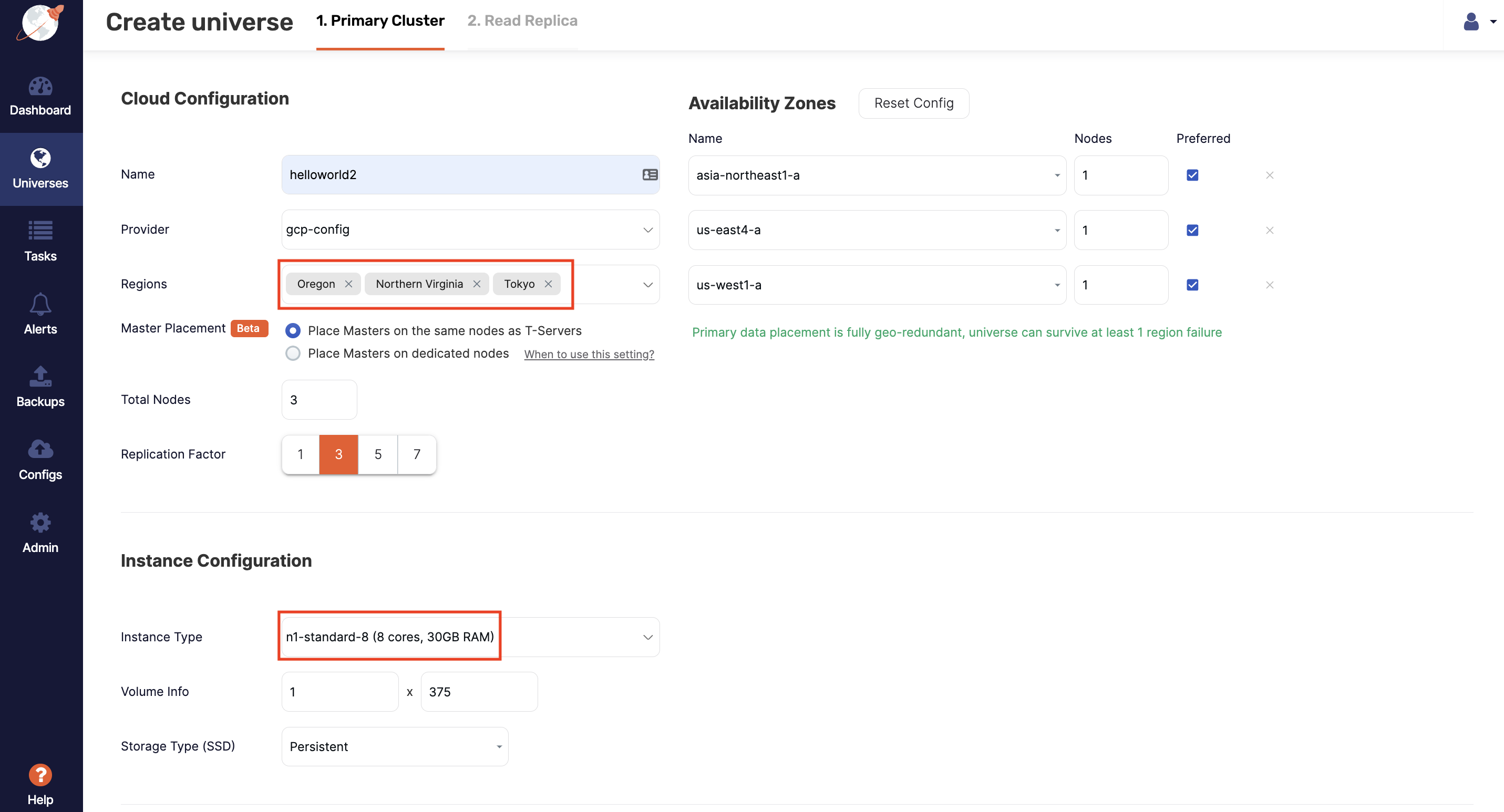 Create multi-region universe1 on GCP